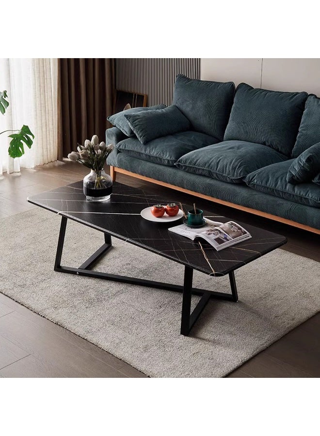 شويوين طاولة قهوة رخامية - طاولة جانبية سوداء بعروق ذهبية، طاولة وسط مستطيلة لغرفة المعيشة، طاولة كوكتيل بإطار معدني متين (120 × 60 سم) - Image 1